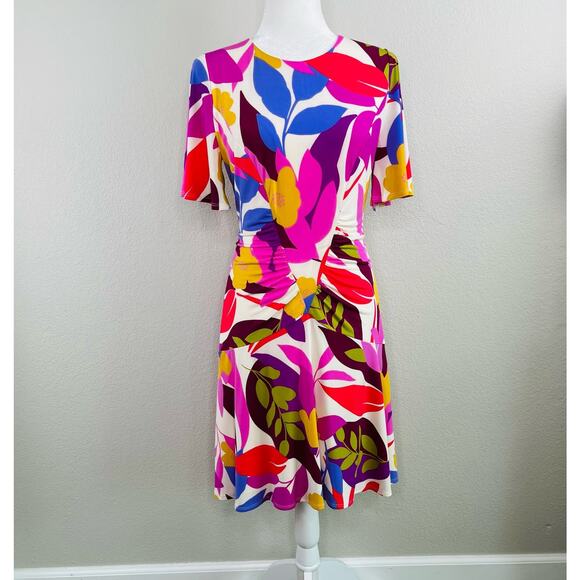 Donna Morgan White Multi Floral Ruched Short Sleeve Mini Dress 8/Medium NWOT - Picture 16 of 16